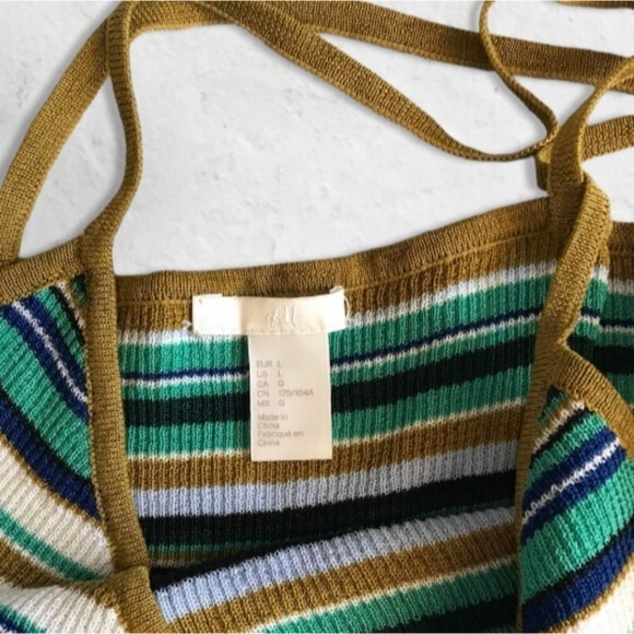 H&M Ribbed Cross Cross V-Neck Tank Top Gold Green Navy White Women's Size Large - Picture 2 of 4